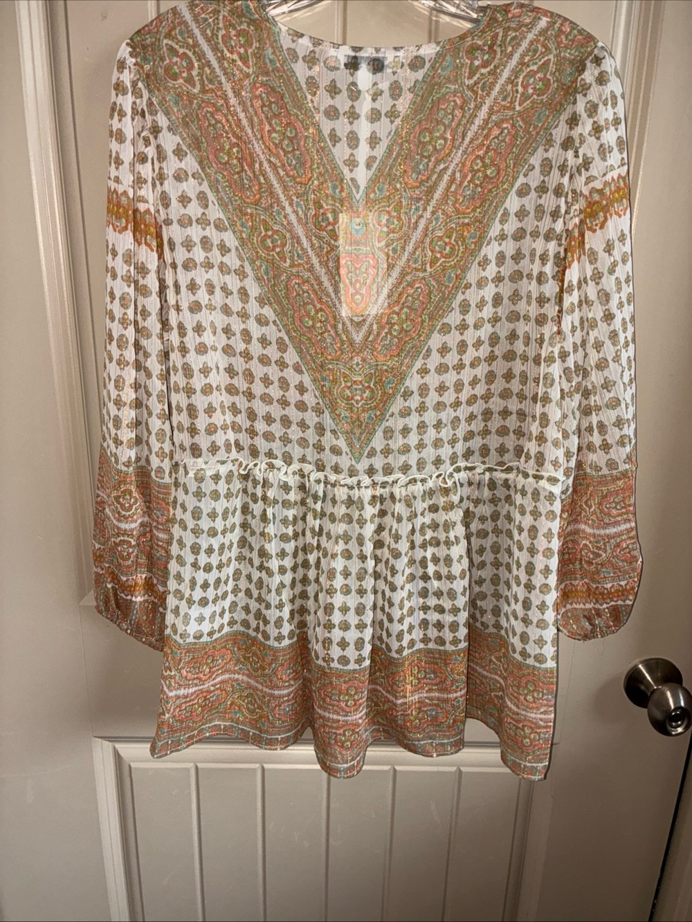 Rose & Olive Paisley V-Neck Blouse in Cream, Olive & Terracotta - Picture 5 of 9